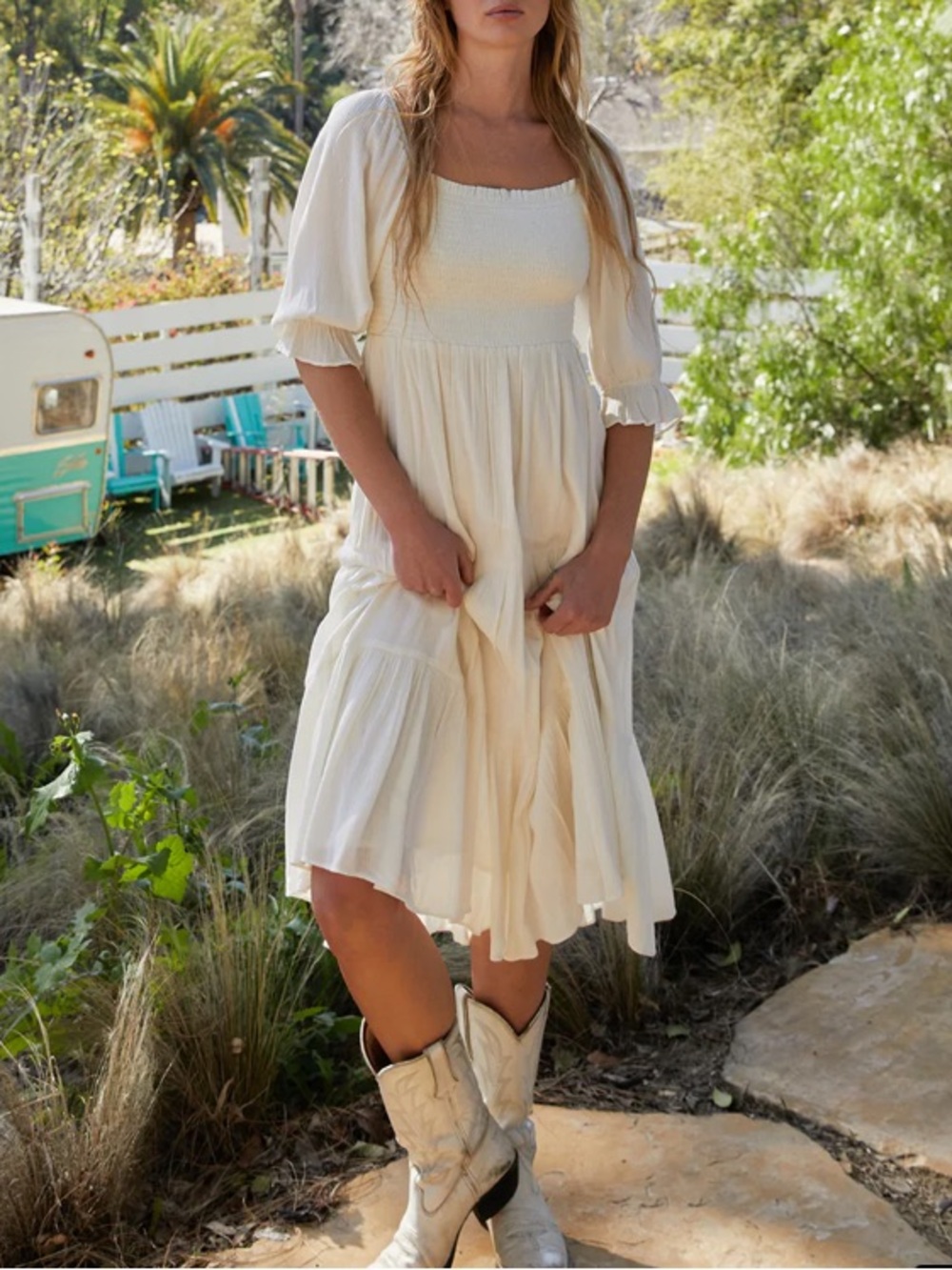 Oak + Fort Smocked Midi Dress Boho Cottagecore Small